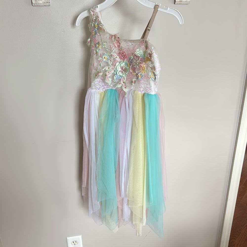 Whimsical Pink and Green Dance Costume with Layered Skirt